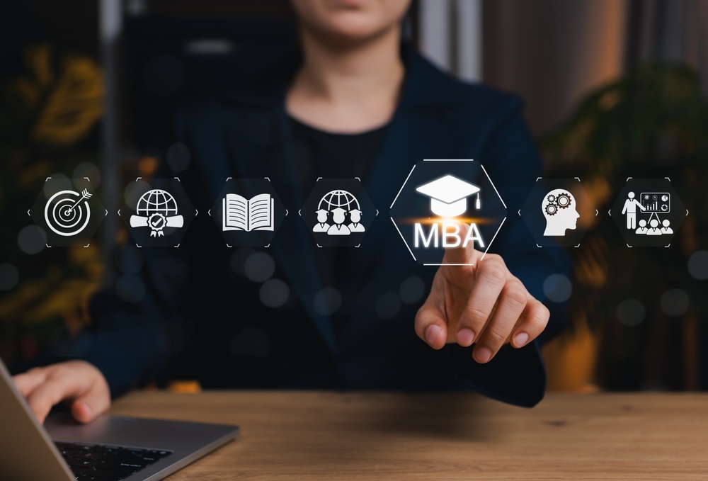 MBA program concept. Master of Business Administration. Businesswoman touching business learning icons, education, leadership, global management, online degree, skills, growth, academic success,