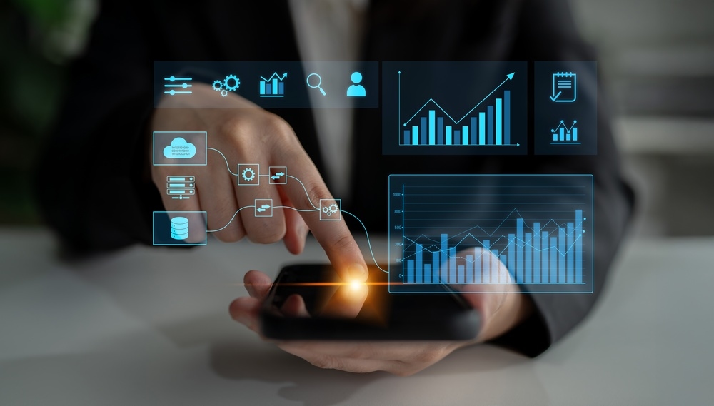 Data flow from database and cloud to processing and analytics dashboards, representing data analysis, automation, insight generation, and digital intelligence Latch